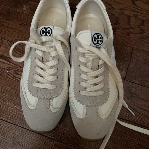 Tory Burch Shoes - Tory Burch Cream and Beige Suede & Leather Sneakers